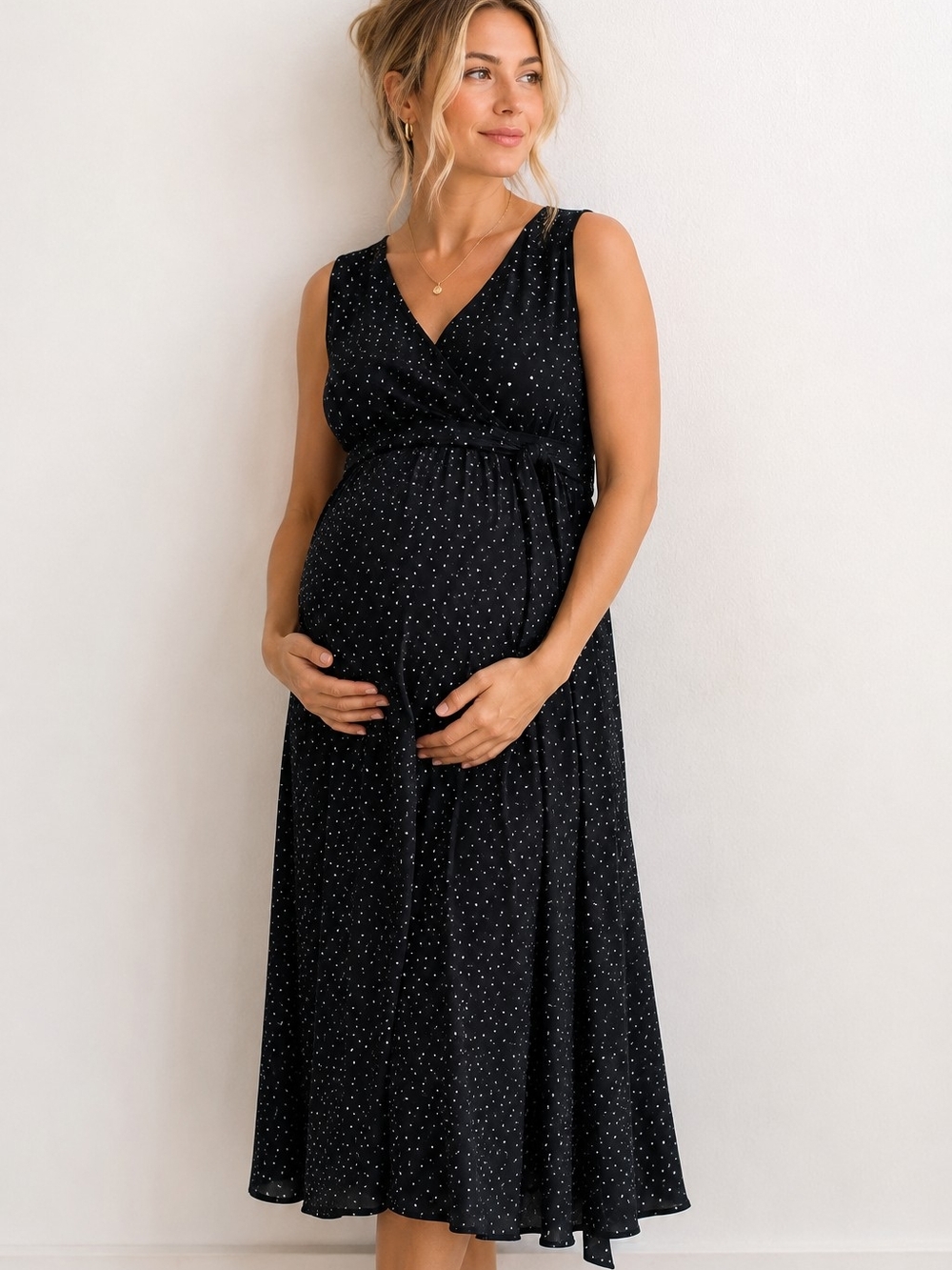 STORK & BABE Maternity Black White Polka Dot Sleeveless Wrap Dress Size Large L
